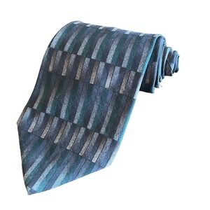 Oscar De La Renta 100% Silk Neck Tie Gray & Blue Geometric Pattern Luxury